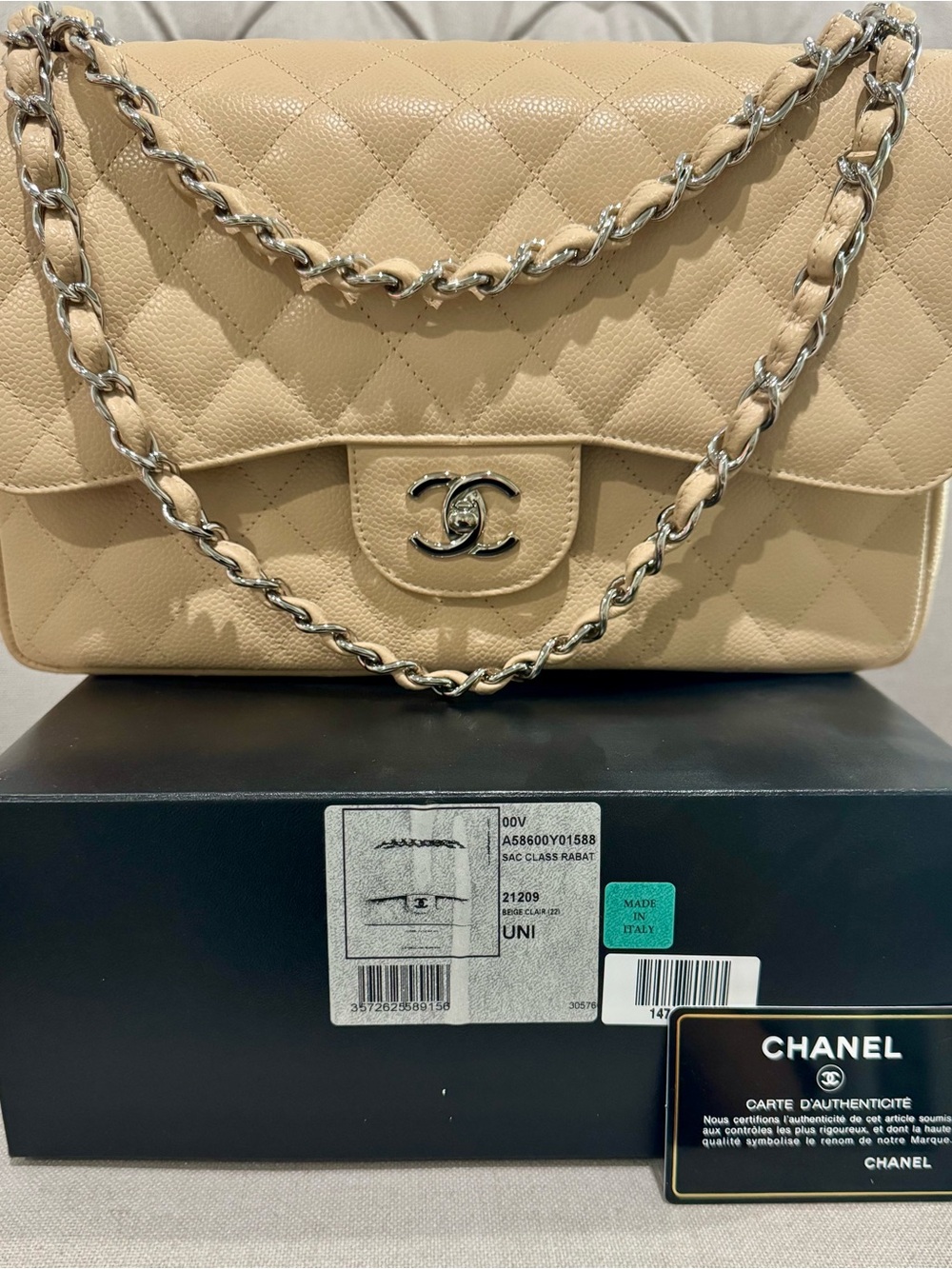 Authentic CHANEL Jumbo Beige Clair Double Flap Shoulder Bag with Silver Hardware